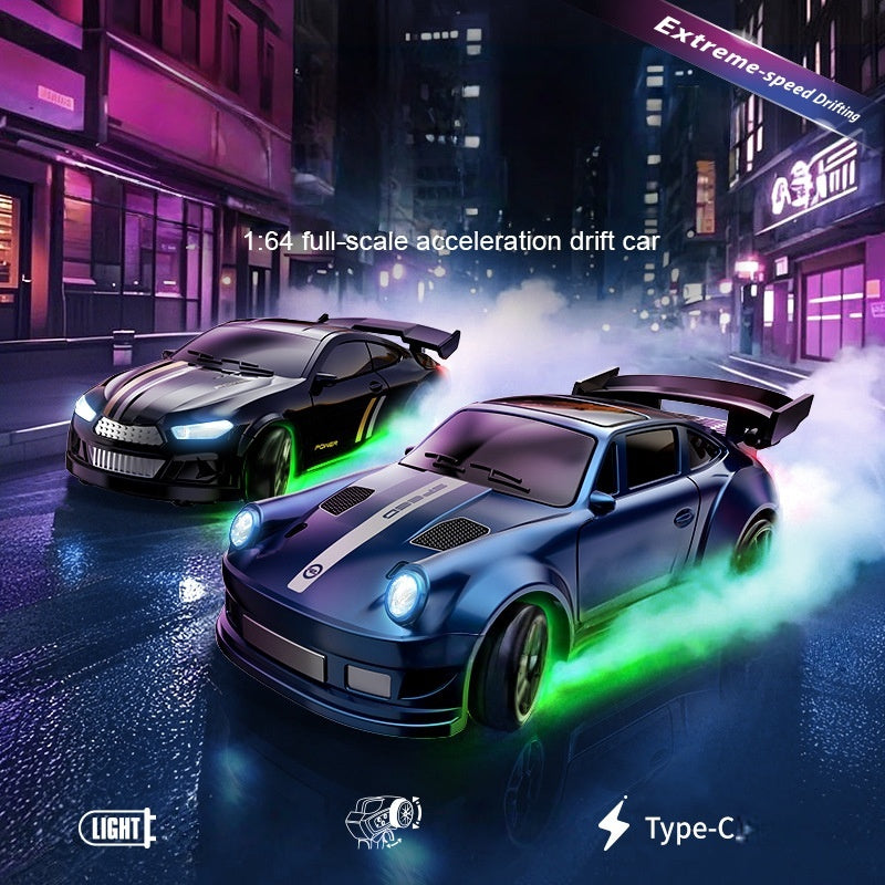 Two toy cars on a city street at night with neon lights and smoke effects.