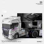 Toy truck with detailed features on a white background