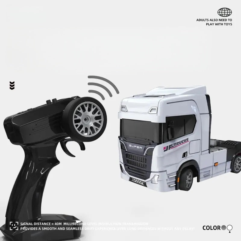 Toy truck and remote control on a white background with branding and text.