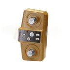 Yellow control panel with buttons and display on a white background