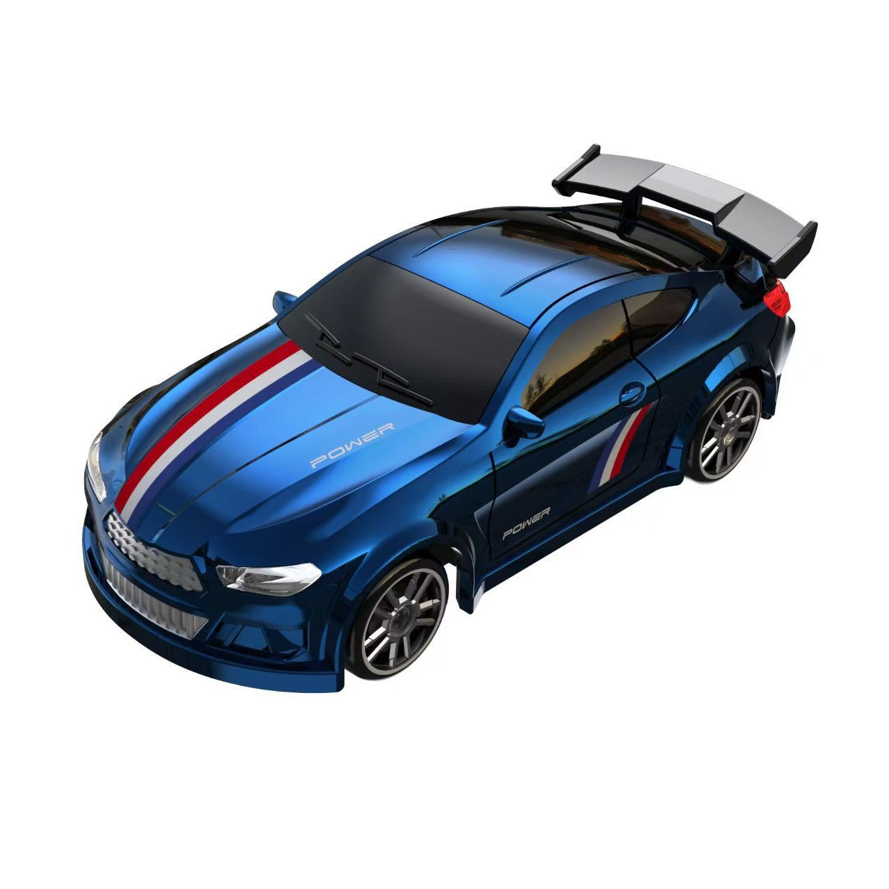Blue sports car with red and white stripes on a white background