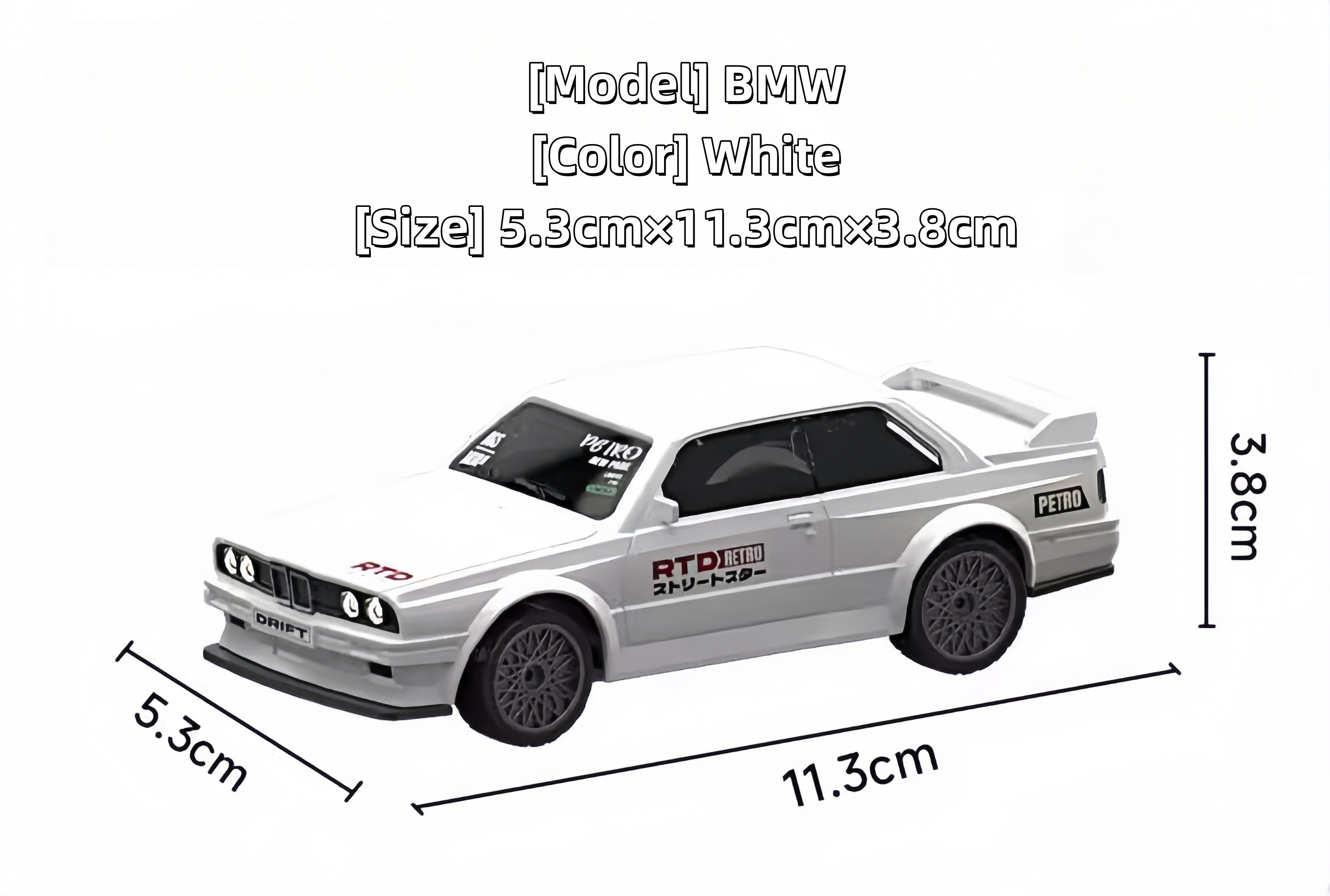 White model car with dimensions labeled on a white background