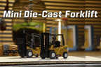 Two mini die-cast forklift models on a blurred background with text 'Mini Die-Cast Forklift'.