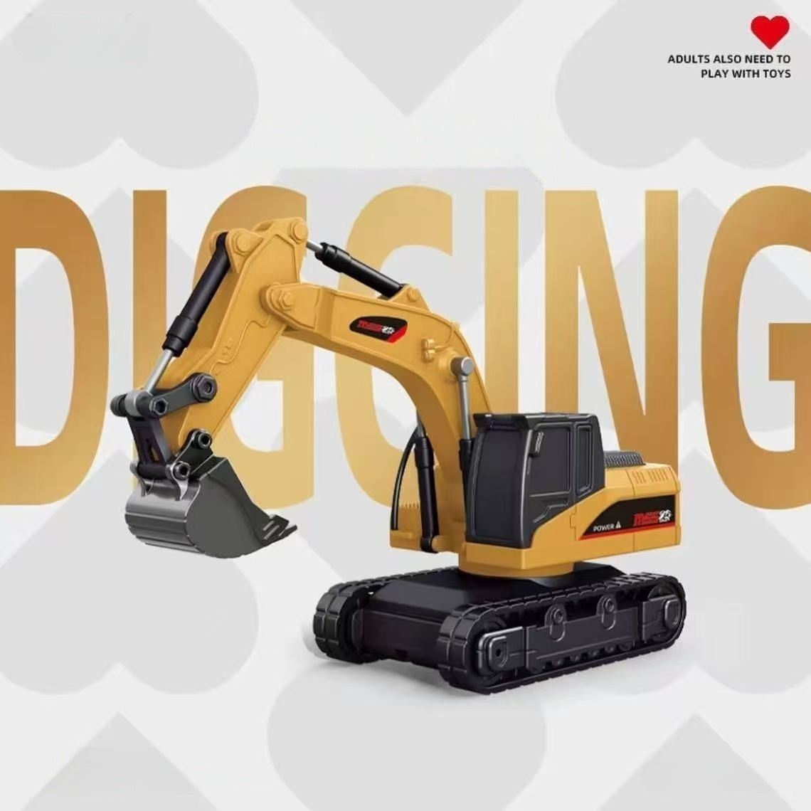 Toy excavator with large letters spelling 'DIGGING' on a light gray background