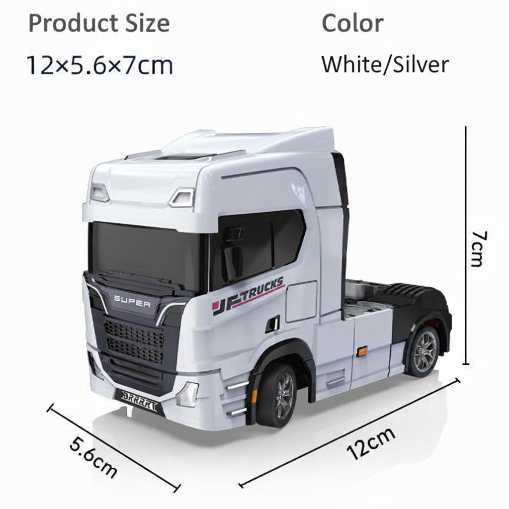 White and silver model truck with dimensions and color information on a white background