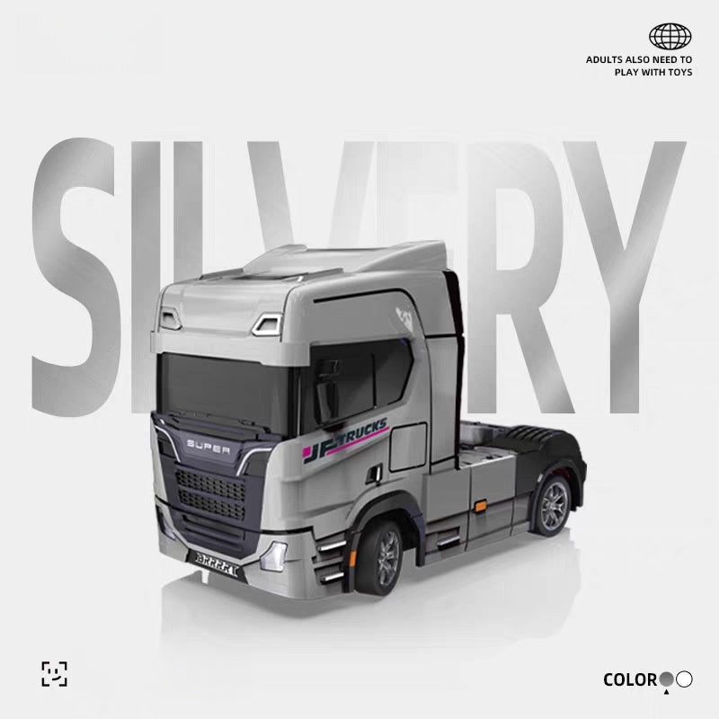 Toy truck with 'Super Trucks' branding on a white background, featuring the word 'SILVERY'.