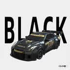 Black toy car with gold accents on a white background with the word 'BLACK' above it.