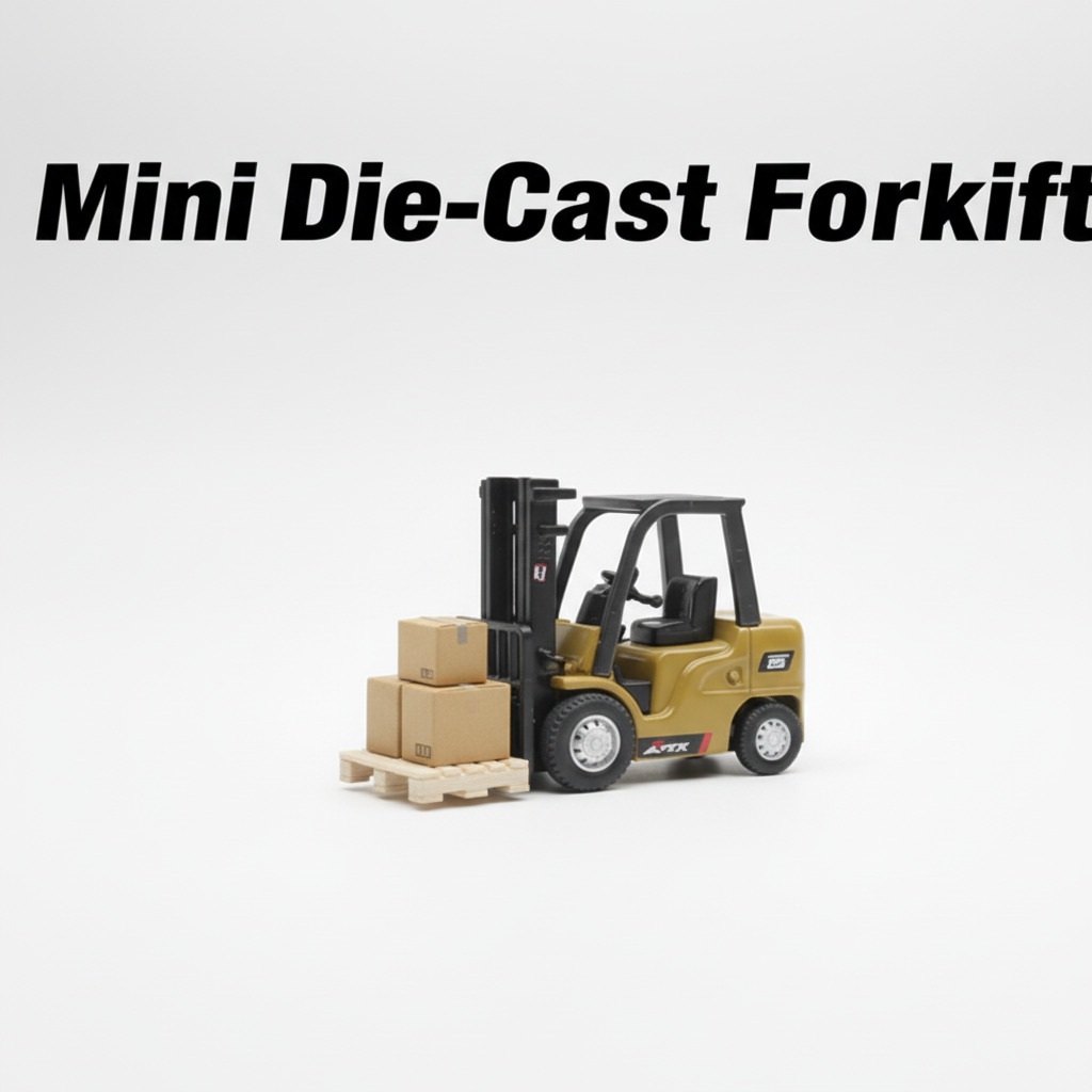 Mini die-cast forklift on a white background with text 'Mini Die-Cast Forklift'.